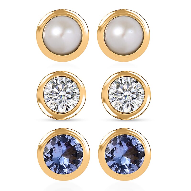Set of 3 Poke Free Tanzanite, Freshwater Pearl, Luxuriant Lab Grown Diamond Stud Earrings in 18K Vermeil YG Over Sterling Silver 1.00 ctw