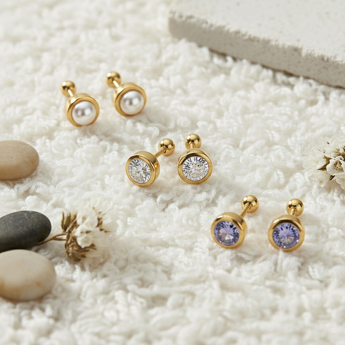 Set of 3 Poke Free Tanzanite, Freshwater Pearl, Luxuriant Lab Grown Diamond Stud Earrings in 18K Vermeil YG Over Sterling Silver 1.00 ctw image number 1