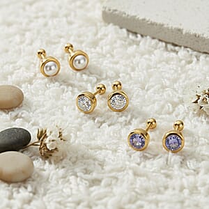 Set of 3 Poke Free Tanzanite, Freshwater Pearl, Luxuriant Lab Grown Diamond Stud Earrings in 18K Vermeil YG Over Sterling Silver 1.00 ctw