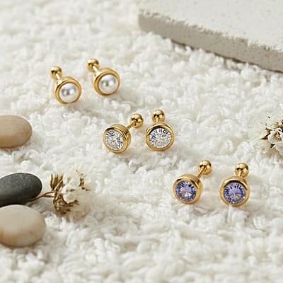 Set of 3 Poke Free Tanzanite, Freshwater Pearl, Luxuriant Lab Grown Diamond Stud Earrings in 18K Vermeil YG Over Sterling Silver 1.00 ctw