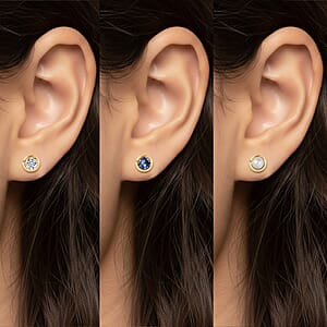 Set of 3 Poke Free Tanzanite, Freshwater Pearl, Luxuriant Lab Grown Diamond Stud Earrings in 18K Vermeil YG Over Sterling Silver 1.00 ctw
