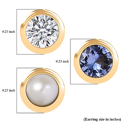 Set of 3 Poke Free Tanzanite, Freshwater Pearl, Luxuriant Lab Grown Diamond Stud Earrings in 18K Vermeil YG Over Sterling Silver 1.00 ctw