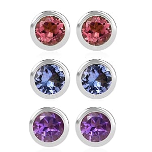 Set of 3 D'Joy Poke Free African Amethyst, Tanzanite, Morro Redondo Pink Tourmaline Stud Earrings in Rhodium Over Sterling Silver 1.50 ctw