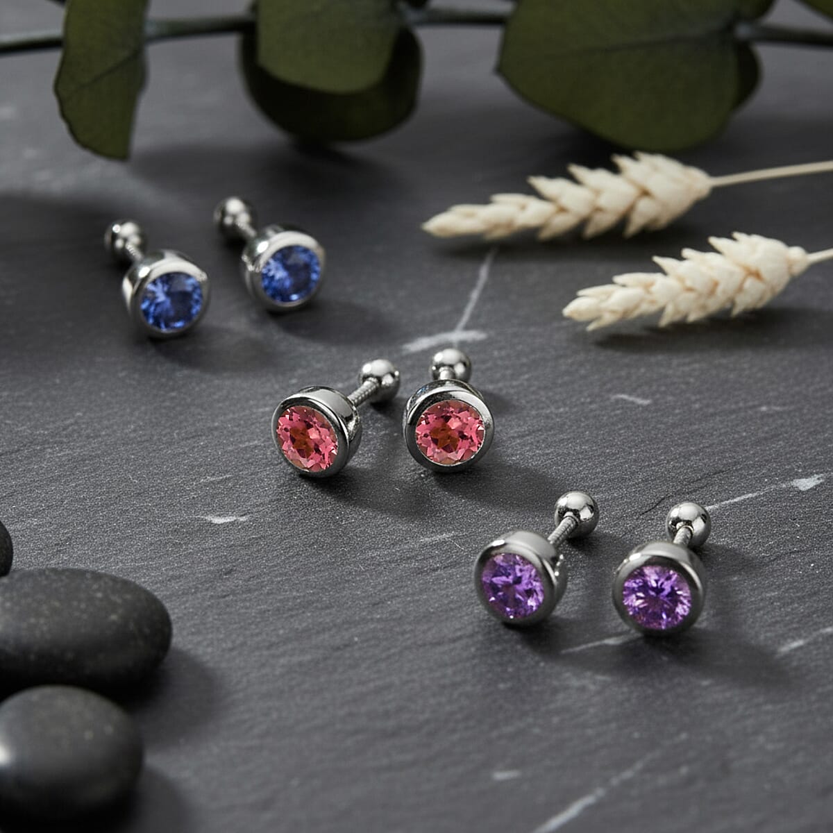 Set of 3 D'Joy Poke Free African Amethyst, Tanzanite, Morro Redondo Pink Tourmaline Stud Earrings in Rhodium Over Sterling Silver 1.50 ctw image number 1