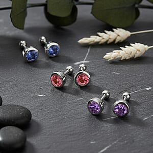 Set of 3 D'Joy Poke Free African Amethyst, Tanzanite, Morro Redondo Pink Tourmaline Stud Earrings in Rhodium Over Sterling Silver 1.50 ctw