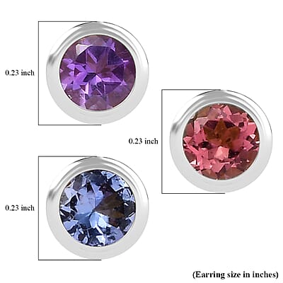 Set of 3 D'Joy Poke Free African Amethyst, Tanzanite, Morro Redondo Pink Tourmaline Stud Earrings in Rhodium Over Sterling Silver 1.50 ctw