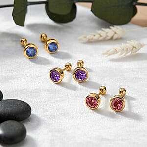 Set of 3 D'Joy Poke Free African Amethyst, Tanzanite, Morro Redondo Pink Tourmaline Stud Earrings in 18K Vermeil YG Over Sterling Silver 1.50 ctw
