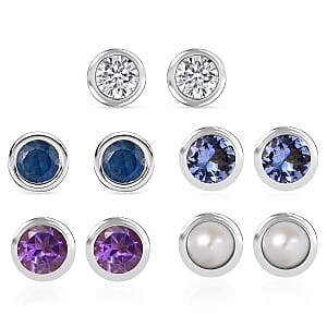 Set of 5 Poke Free Multi Gemstone Stud Earrings in Rhodium Over Sterling Silver 2.15 ctw