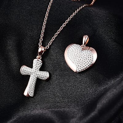 EverTrue Lab Grown Diamond  Accent Heart and Cross Pendants in 18K RG Plated with ION Plated RG Stainless Steel Necklace (20 Inches)