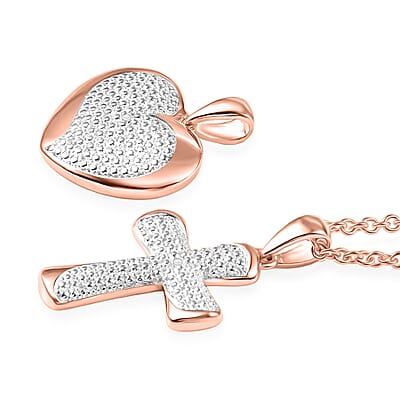 EverTrue Lab Grown Diamond  Accent Heart and Cross Pendants in 18K RG Plated with ION Plated RG Stainless Steel Necklace (20 Inches)