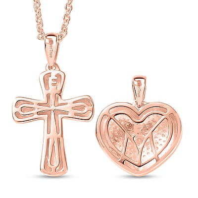 EverTrue Lab Grown Diamond  Accent Heart and Cross Pendants in 18K RG Plated with ION Plated RG Stainless Steel Necklace (20 Inches)