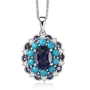 Doorbuster D'Joy Premium Catalina Iolite and Multi Gemstone 4.10 ctw Dynasty Bloom Pendant Necklace in Rhodium Over Sterling Silver 20 Inches