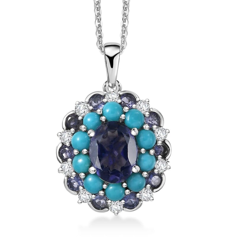 D'Joy Premium Catalina Iolite and Multi Gemstone 4.10 ctw Dynasty Bloom Pendant Necklace in Rhodium Over Sterling Silver 20 Inches