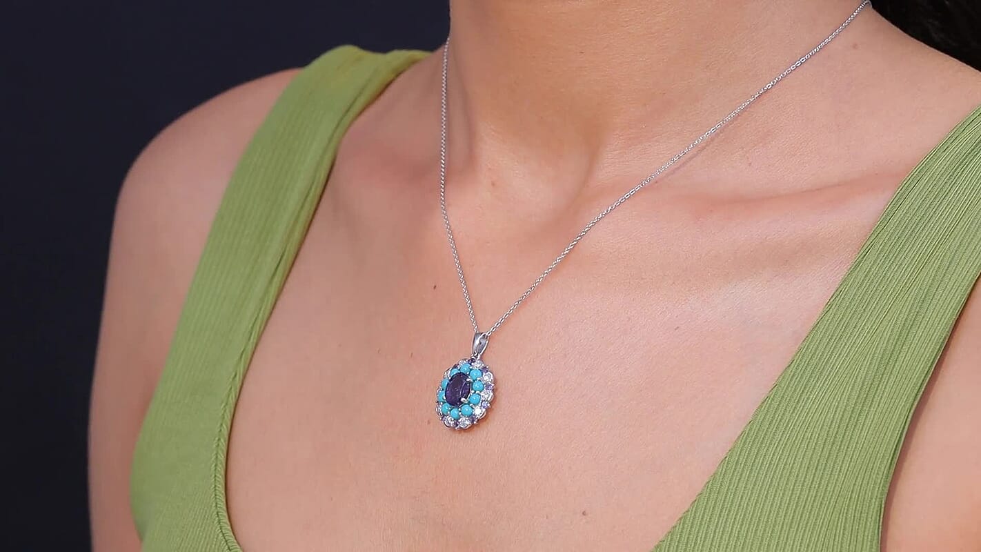 D'Joy Premium Catalina Iolite and Multi Gemstone 4.10 ctw Dynasty Bloom Pendant Necklace in Rhodium Over Sterling Silver 20 Inches