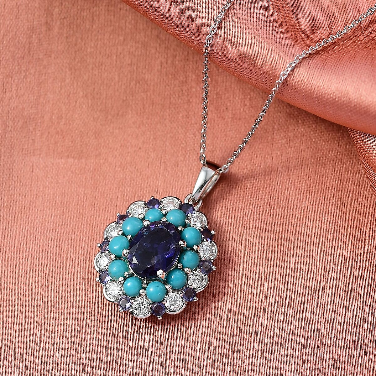 Doorbuster D'Joy Premium Catalina Iolite and Multi Gemstone 4.10 ctw Dynasty Bloom Pendant Necklace in Rhodium Over Sterling Silver 20 Inches image number 1