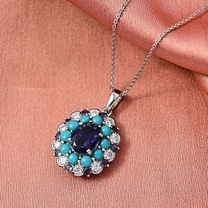 Doorbuster D'Joy Premium Catalina Iolite and Multi Gemstone 4.10 ctw Dynasty Bloom Pendant Necklace in Rhodium Over Sterling Silver 20 Inches
