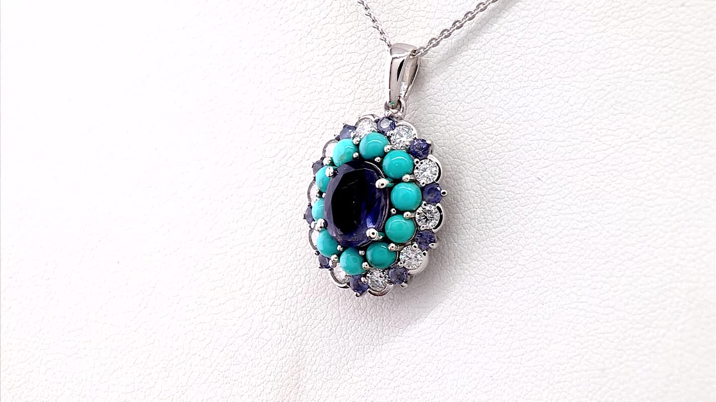 D'Joy Premium Catalina Iolite and Multi Gemstone 4.10 ctw Dynasty Bloom Pendant Necklace in Rhodium Over Sterling Silver 20 Inches