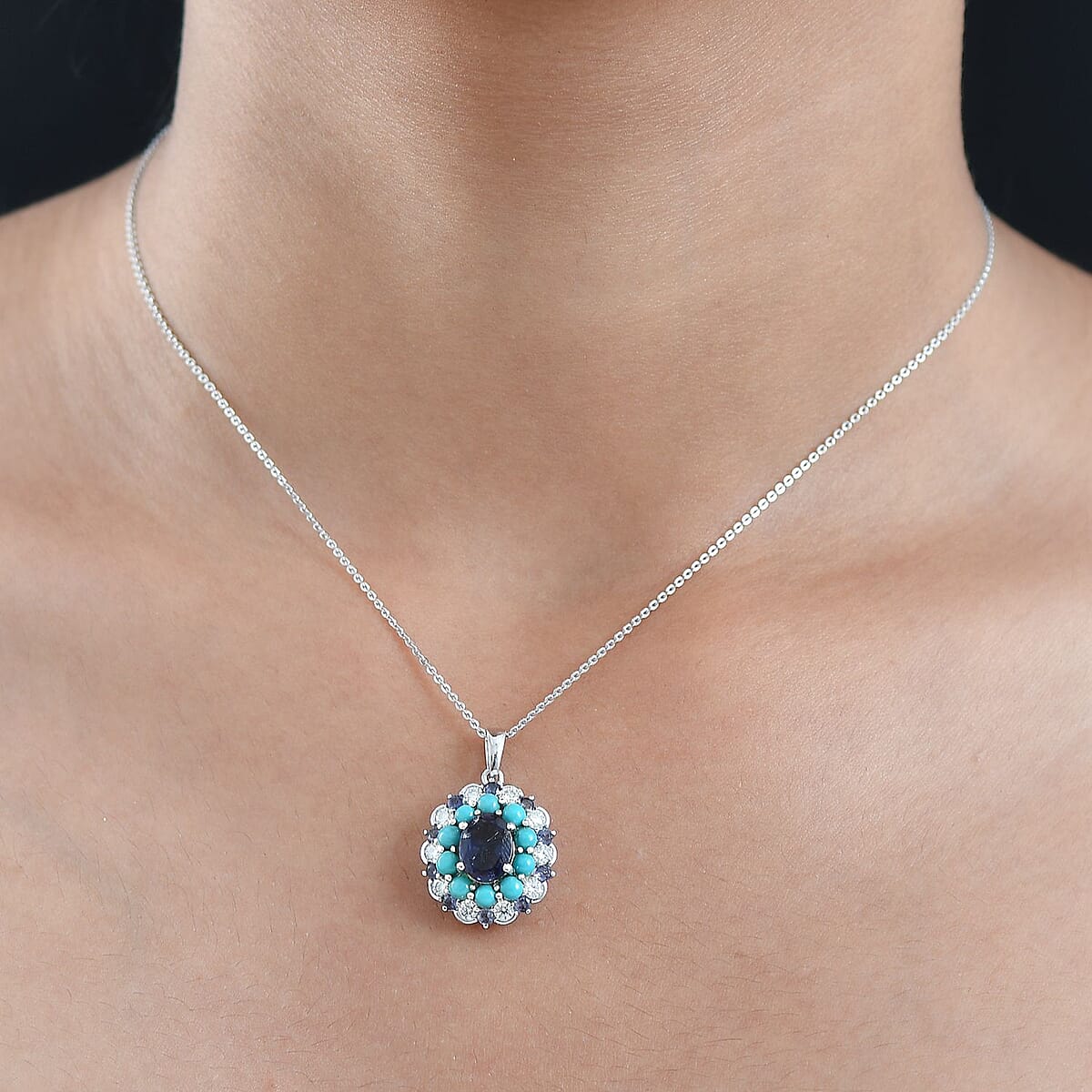 Doorbuster D'Joy Premium Catalina Iolite and Multi Gemstone 4.10 ctw Dynasty Bloom Pendant Necklace in Rhodium Over Sterling Silver 20 Inches image number 2