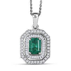 D'Joy Premium Kagem Zambian Emerald and Diamond 1.40 ctw Pendant Necklace in Rhodium Over Sterling Silver 20 Inches