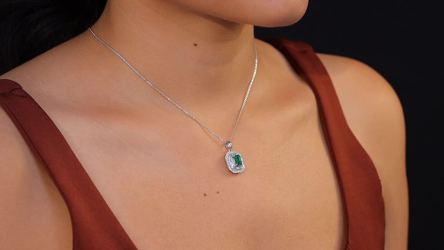 D'Joy Zambian Emerald, Diamond Pendant Necklace in Rhodium Over Sterling Silver 1.40 ctw (20 Inches)