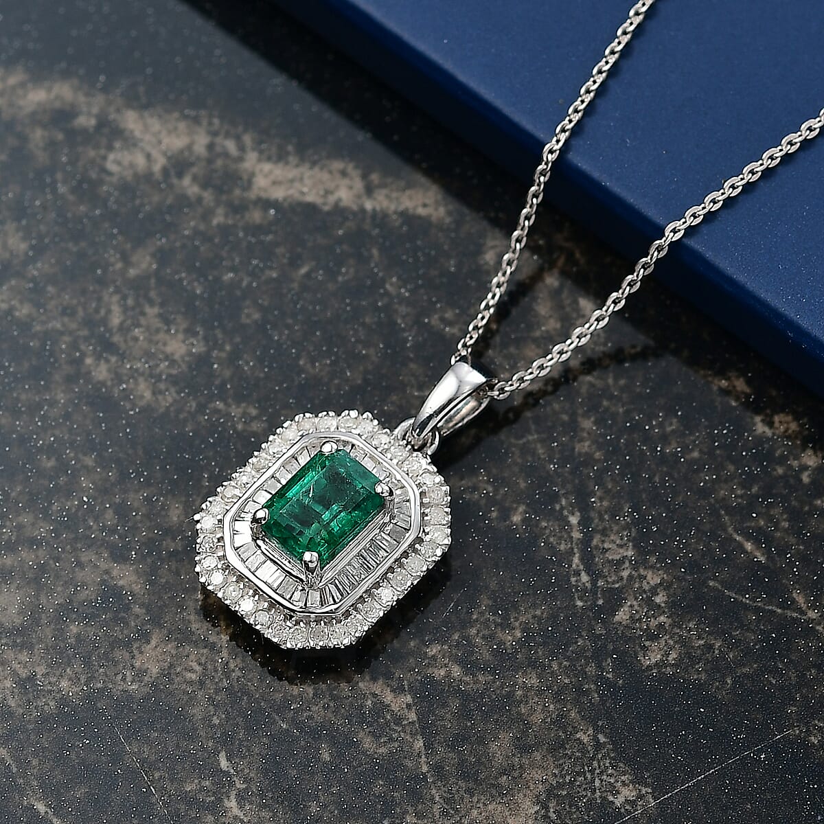 D'Joy Premium Kagem Zambian Emerald and Diamond 1.40 ctw Pendant Necklace in Rhodium Over Sterling Silver 20 Inches image number 1