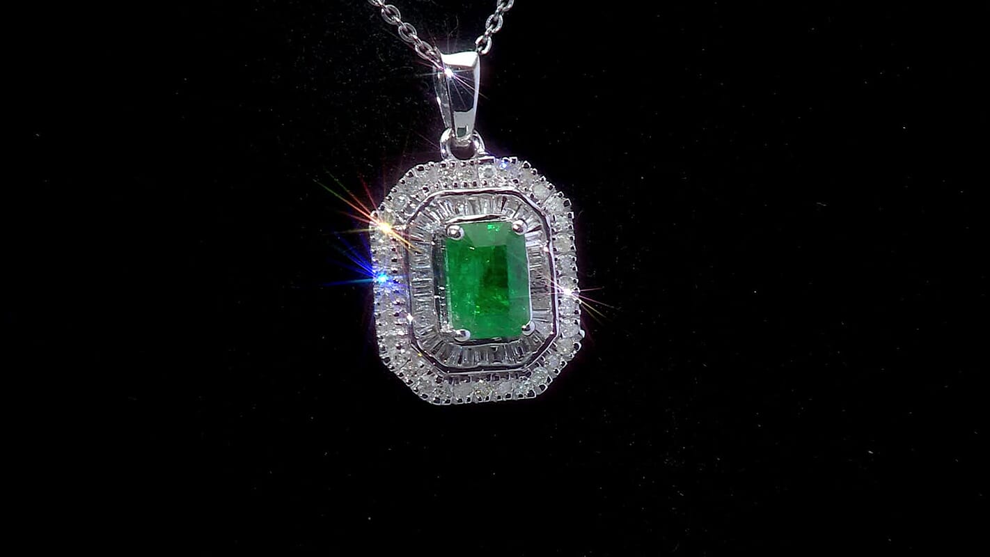 D'Joy Zambian Emerald, Diamond Pendant Necklace in Rhodium Over Sterling Silver 1.40 ctw (20 Inches)