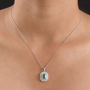 D'Joy Zambian Emerald, Diamond Pendant Necklace in Rhodium Over Sterling Silver 1.40 ctw (20 Inches)