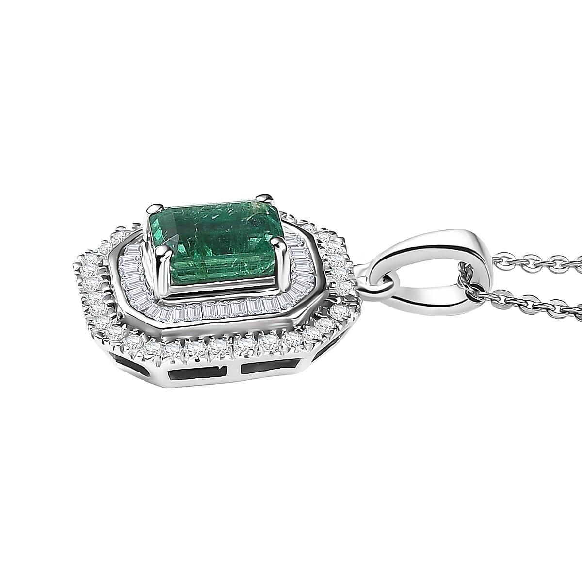 D'Joy Premium Kagem Zambian Emerald and Diamond 1.40 ctw Pendant Necklace in Rhodium Over Sterling Silver 20 Inches image number 3