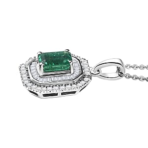 D'Joy Zambian Emerald, Diamond Pendant Necklace in Rhodium Over Sterling Silver 1.40 ctw (20 Inches)