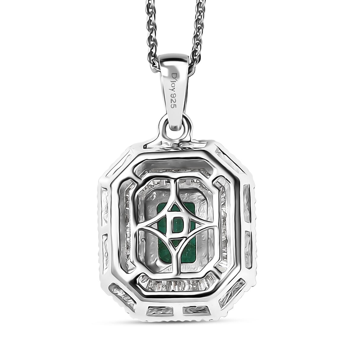 D'Joy Zambian Emerald, Diamond Pendant Necklace in Rhodium Over Sterling Silver 1.40 ctw (20 Inches)