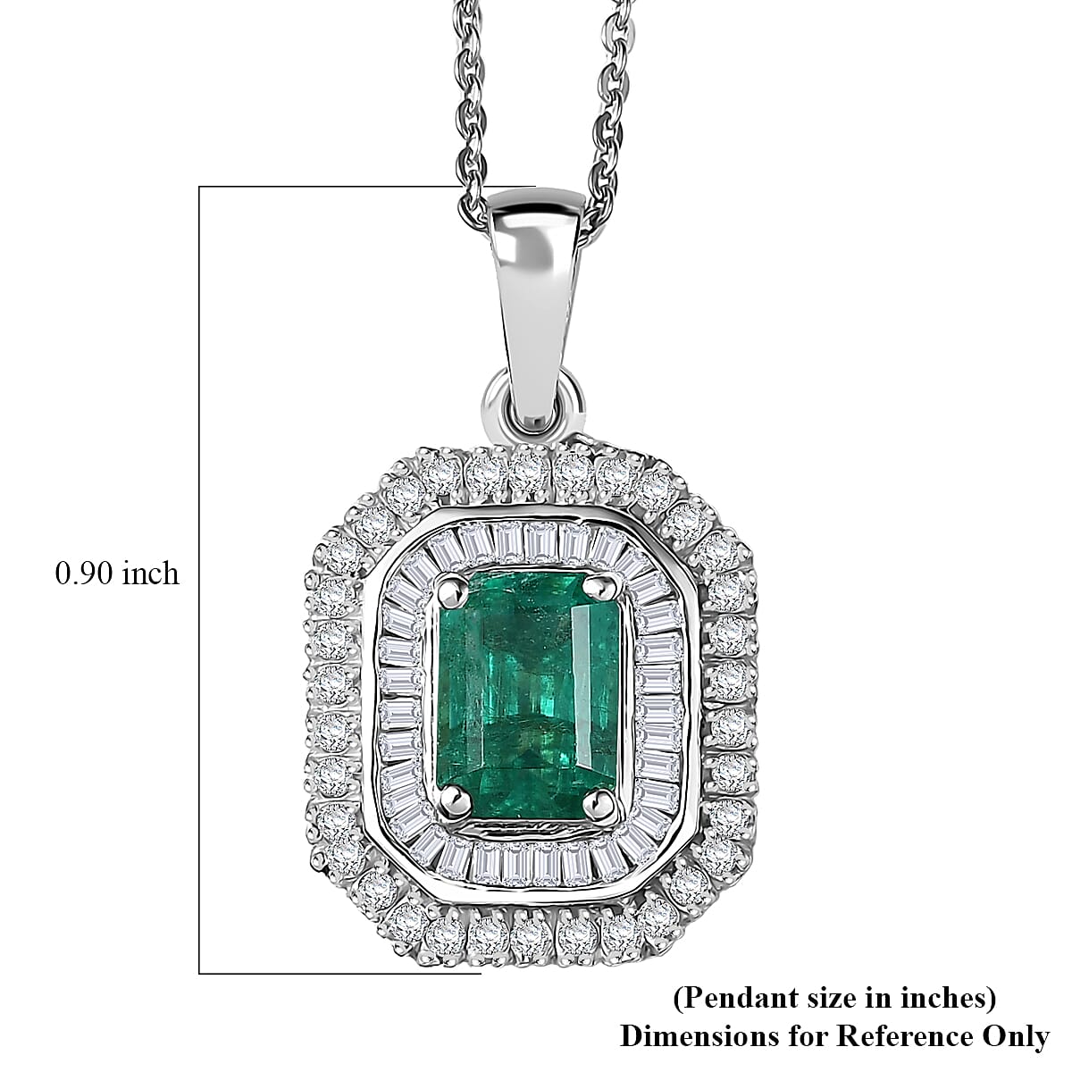 D'Joy Zambian Emerald, Diamond Pendant Necklace in Rhodium Over Sterling Silver 1.40 ctw (20 Inches)