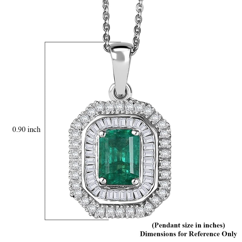 D'Joy Zambian Emerald, Diamond Pendant Necklace in Rhodium Over Sterling Silver 1.40 ctw (20 Inches)