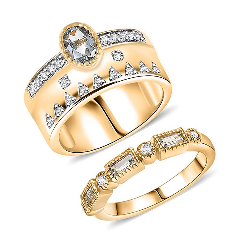 D'Joy Rachel Roy Loving Care Set of 2 Sky Blue Topaz, White Zircon Ring in 18K Vermeil YG Over Sterling Silver 1.90 ctw