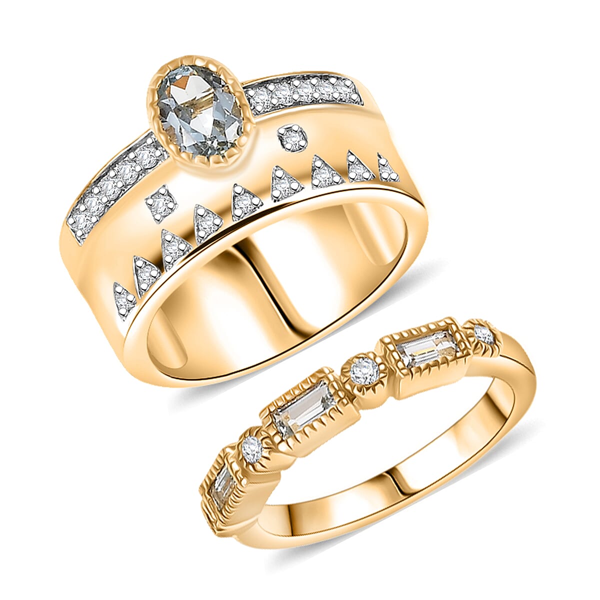 D'Joy Set of 2 Premium Sky Blue Topaz and White Zircon 1.90 ctw Ring in 18K Vermeil Yellow Gold Over Sterling Silver (Size 9.0) image number 0