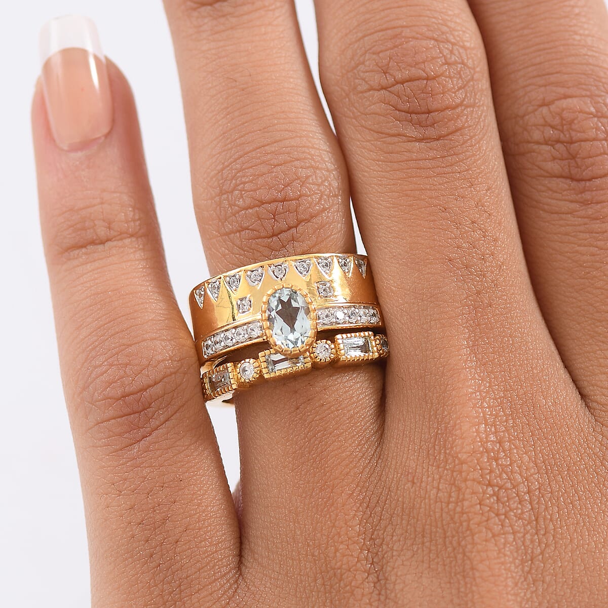 D'Joy Set of 2 Premium Sky Blue Topaz and White Zircon 1.90 ctw Ring in 18K Vermeil Yellow Gold Over Sterling Silver (Size 9.0) image number 2