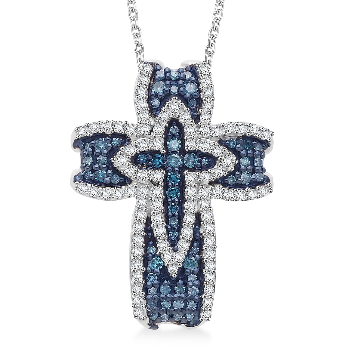 Doorbuster D'Joy Blue and White Diamond 0.50 ctw Cross of Dual Blessings Pendant Necklace in Rhodium Over Sterling Silver 20 Inches image number 0