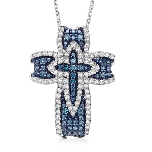 Doorbuster D'Joy Blue and White Diamond 0.50 ctw Cross of Dual Blessings Pendant Necklace in Rhodium Over Sterling Silver 20 Inches