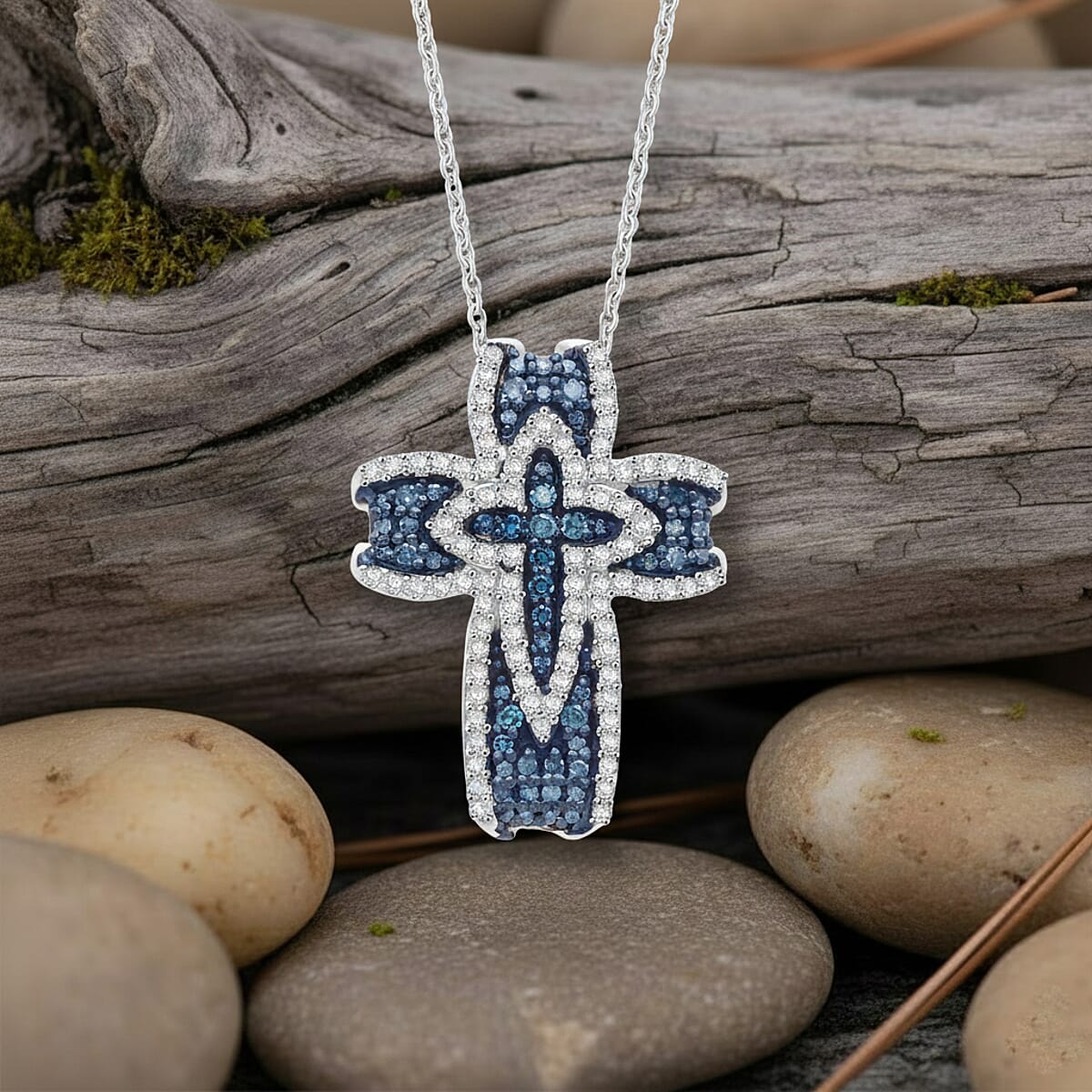 Doorbuster D'Joy Blue and White Diamond 0.50 ctw Cross of Dual Blessings Pendant Necklace in Rhodium Over Sterling Silver 20 Inches image number 1