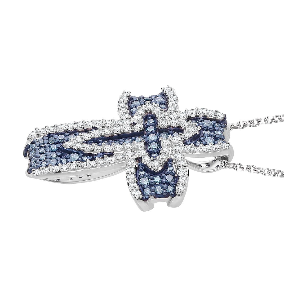 Doorbuster D'Joy Blue and White Diamond 0.50 ctw Cross of Dual Blessings Pendant Necklace in Rhodium Over Sterling Silver 20 Inches image number 3