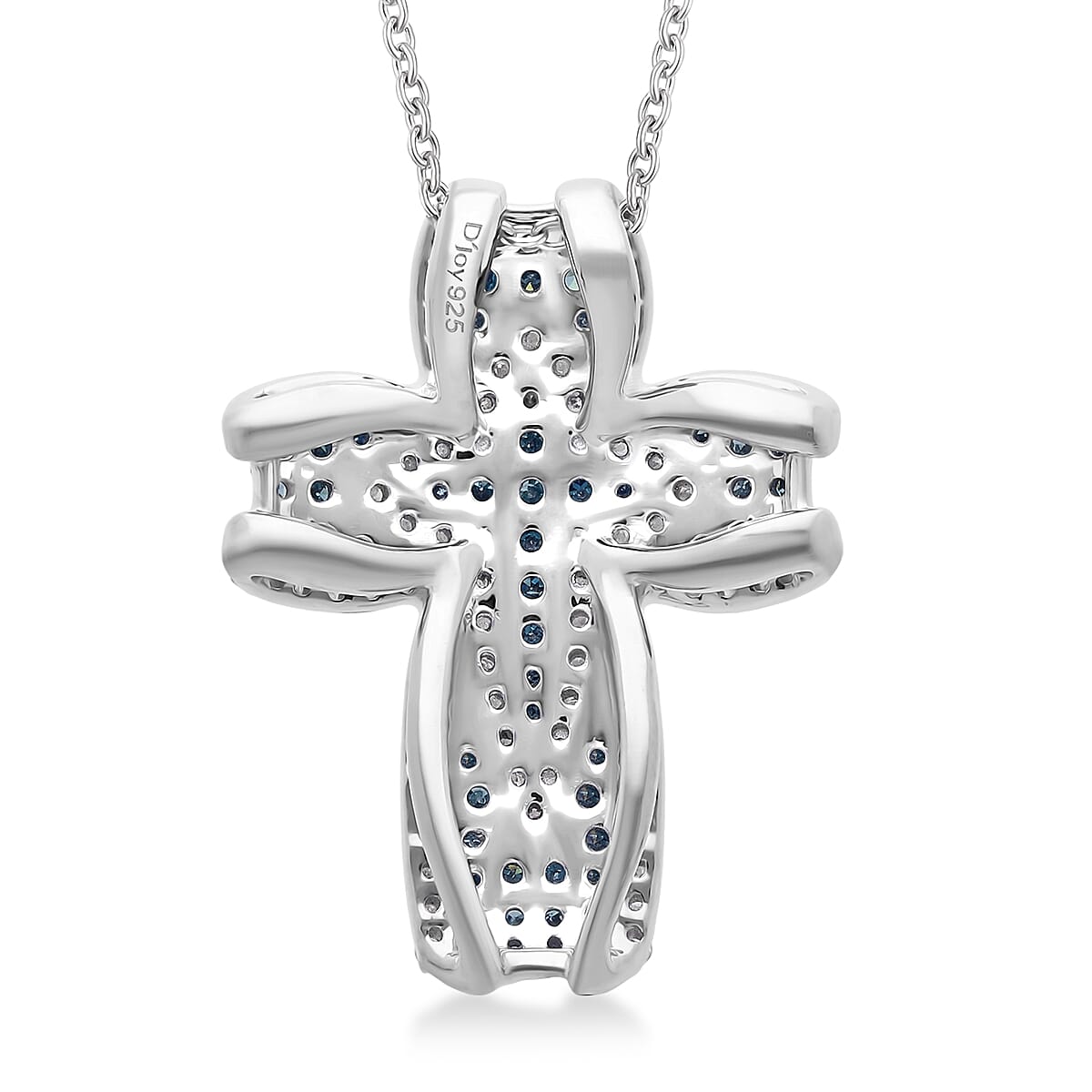 Doorbuster D'Joy Blue and White Diamond 0.50 ctw Cross of Dual Blessings Pendant Necklace in Rhodium Over Sterling Silver 20 Inches image number 4