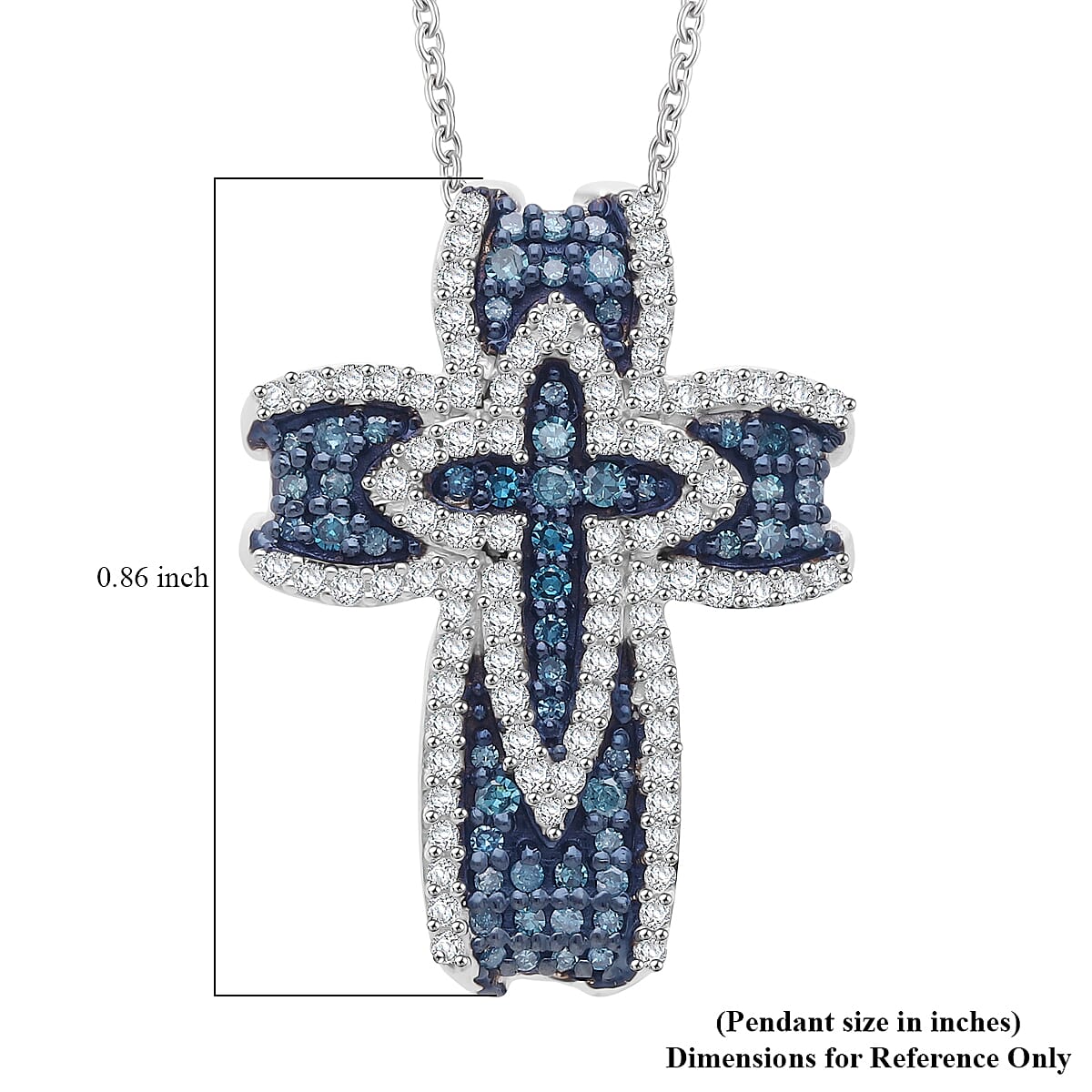 Doorbuster D'Joy Blue and White Diamond 0.50 ctw Cross of Dual Blessings Pendant Necklace in Rhodium Over Sterling Silver 20 Inches image number 5