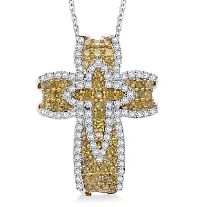 Doorbuster D'Joy Yellow and White Diamond 0.50 ctw Cross of Dual Blessings Pendant Necklace in Rhodium Over Sterling Silver 20 Inches