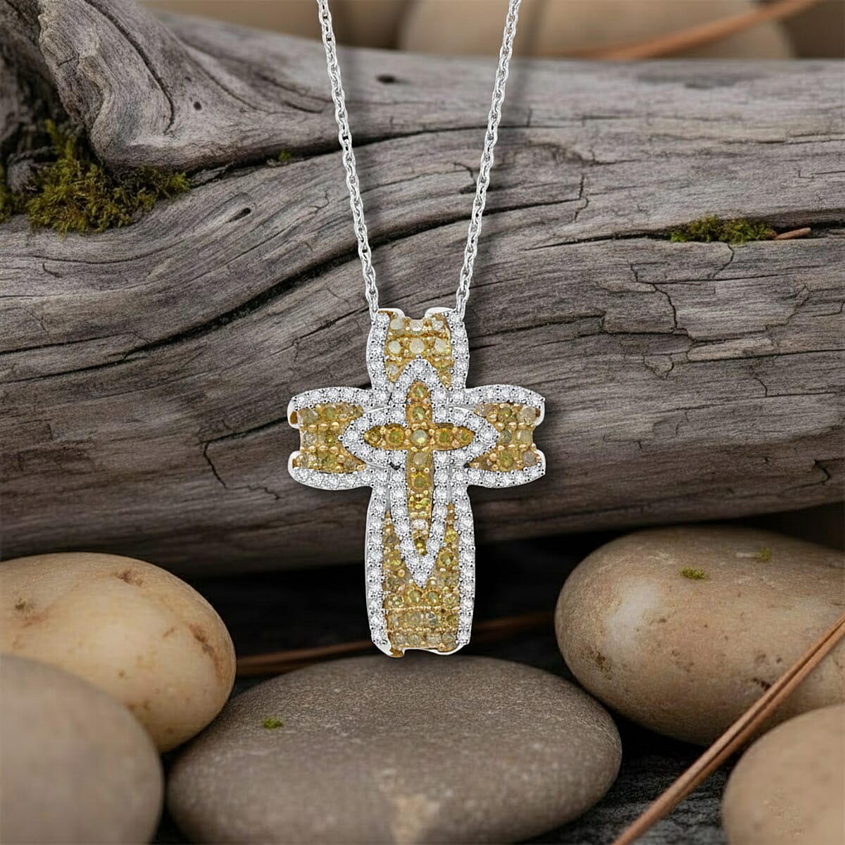 Doorbuster D'Joy Yellow and White Diamond 0.50 ctw Cross of Dual Blessings Pendant Necklace in Rhodium Over Sterling Silver 20 Inches image number 1