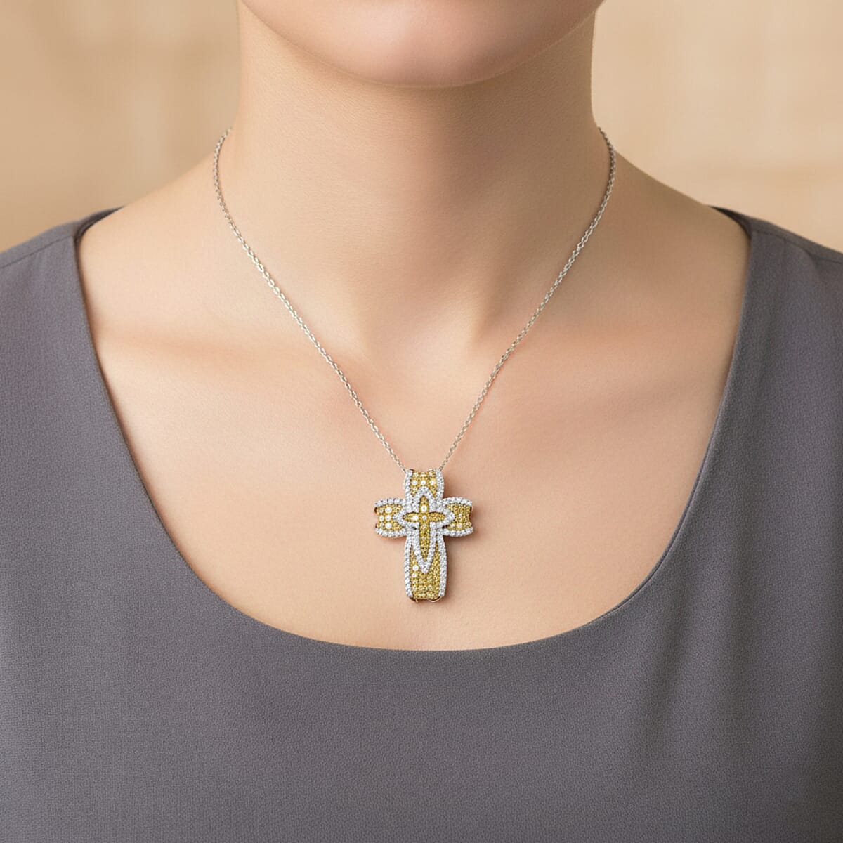 Doorbuster D'Joy Yellow and White Diamond 0.50 ctw Cross of Dual Blessings Pendant Necklace in Rhodium Over Sterling Silver 20 Inches image number 2