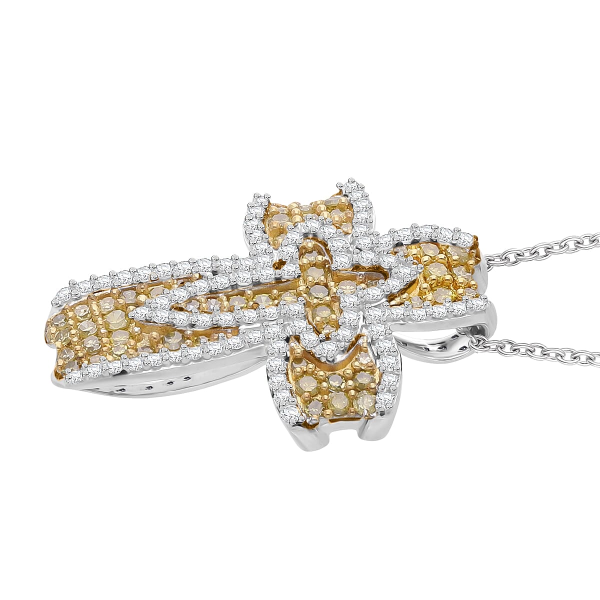 Doorbuster D'Joy Yellow and White Diamond 0.50 ctw Cross of Dual Blessings Pendant Necklace in Rhodium Over Sterling Silver 20 Inches image number 3