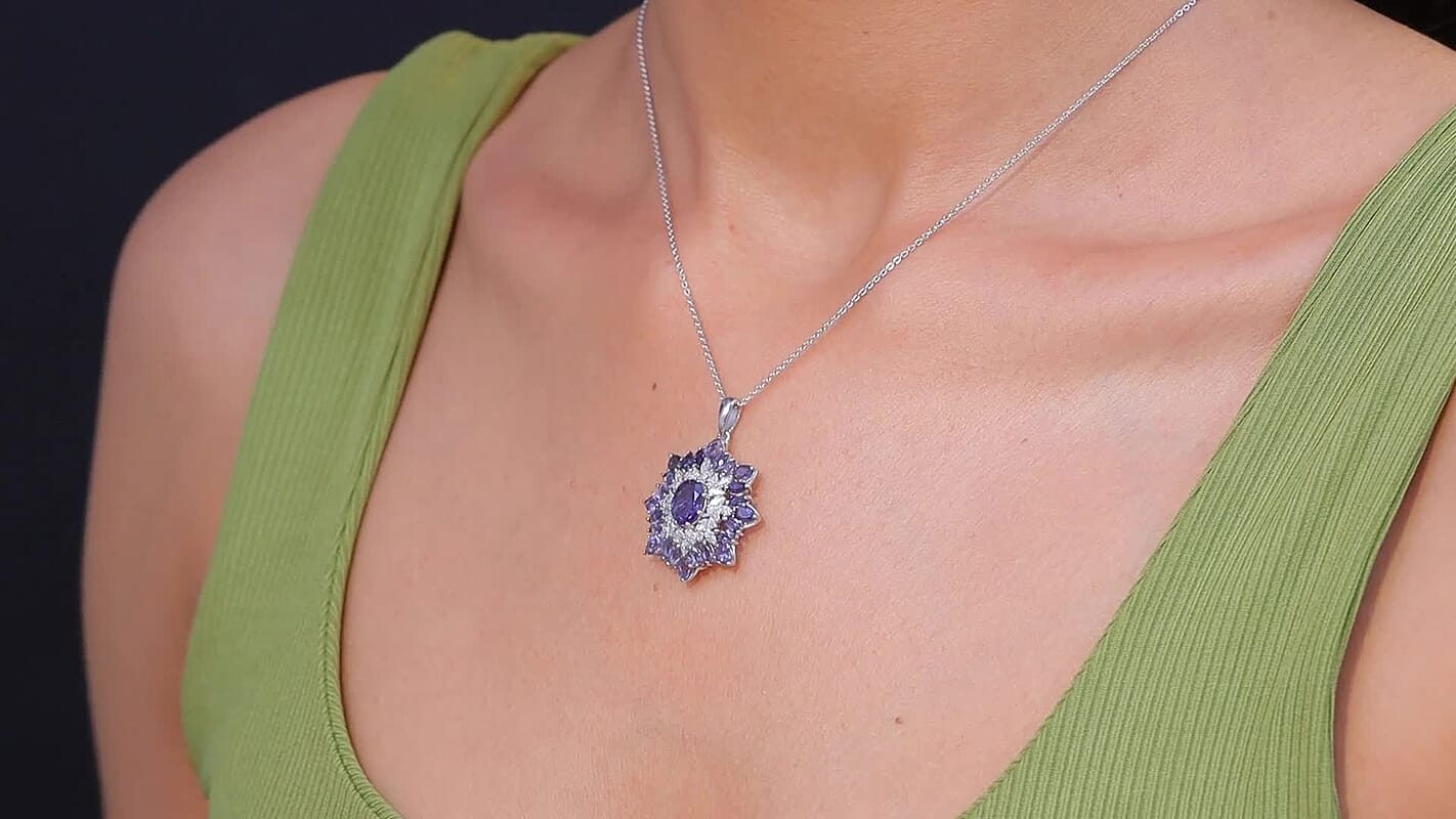 D'Joy Premium Catalina Iolite and Moissanite 3.85 ctw Regalia Star Pendant Necklace in Rhodium Over Sterling Silver 20 Inches
