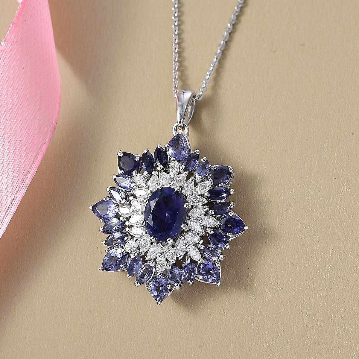 Doorbuster D'Joy Premium Catalina Iolite and Moissanite 3.85 ctw Regalia Star Pendant Necklace in Rhodium Over Sterling Silver 20 Inches image number 1