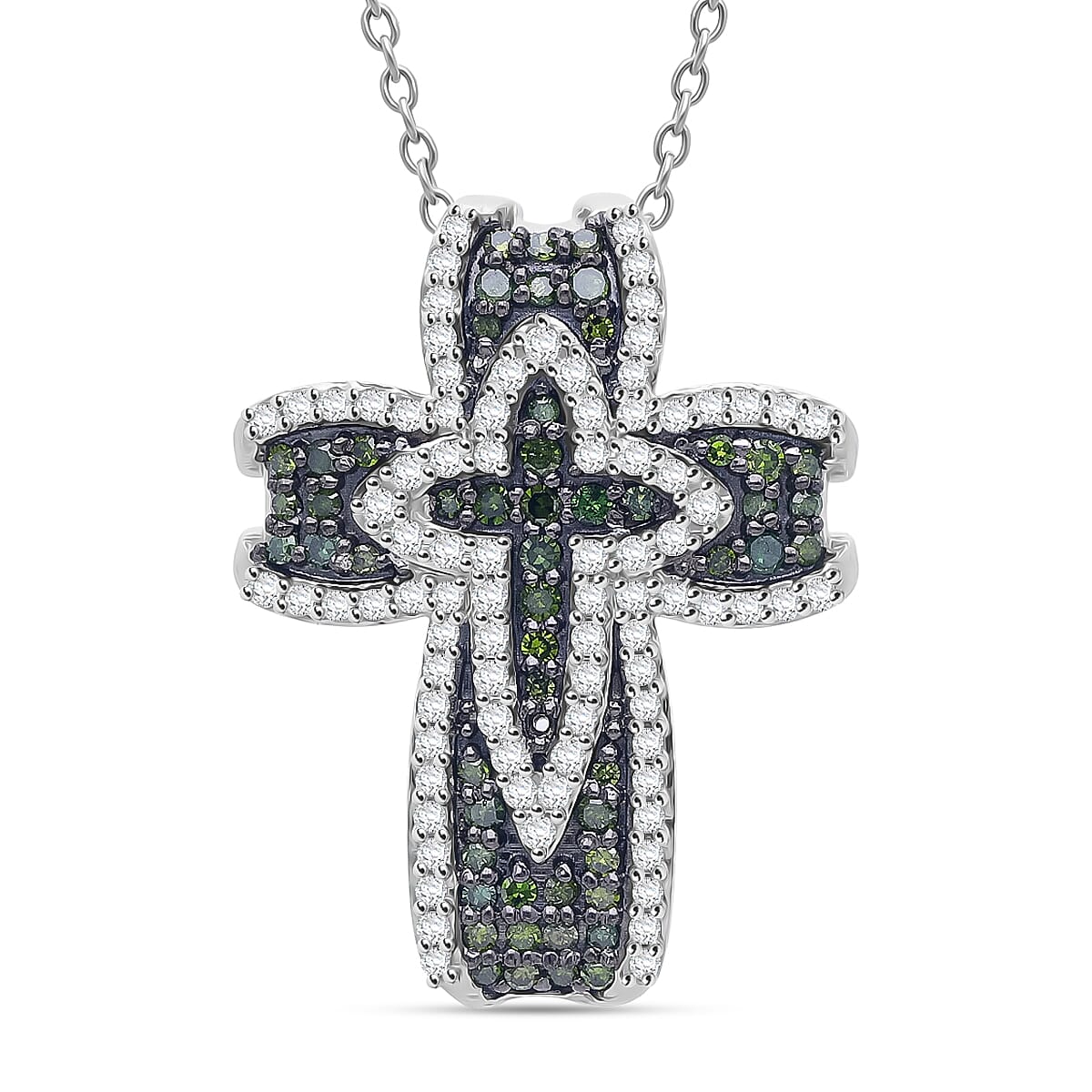 D'Joy Green Diamond, Diamond Cross Pendant Necklace in Rhodium Over Sterling Silver 0.50 ctw (20 Inches) image number 0