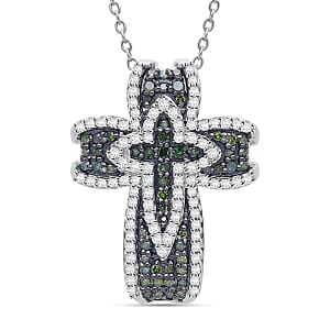 D'Joy Green Diamond, Diamond Cross Pendant Necklace in Rhodium Over Sterling Silver 0.50 ctw (20 Inches)
