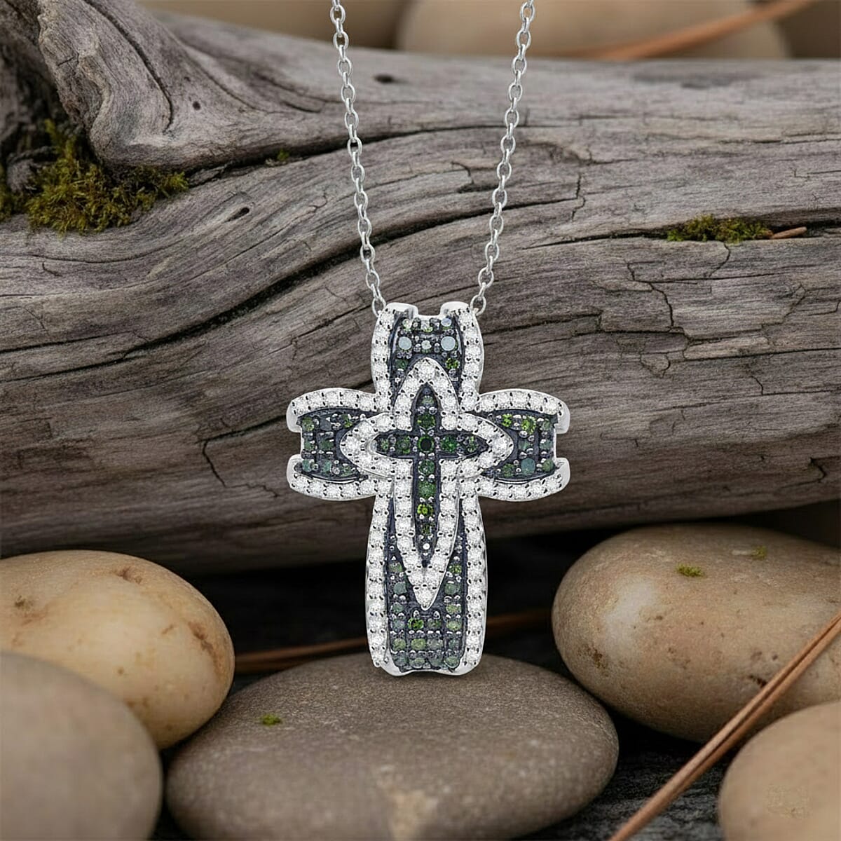 D'Joy Green Diamond, Diamond Cross Pendant Necklace in Rhodium Over Sterling Silver 0.50 ctw (20 Inches) image number 1